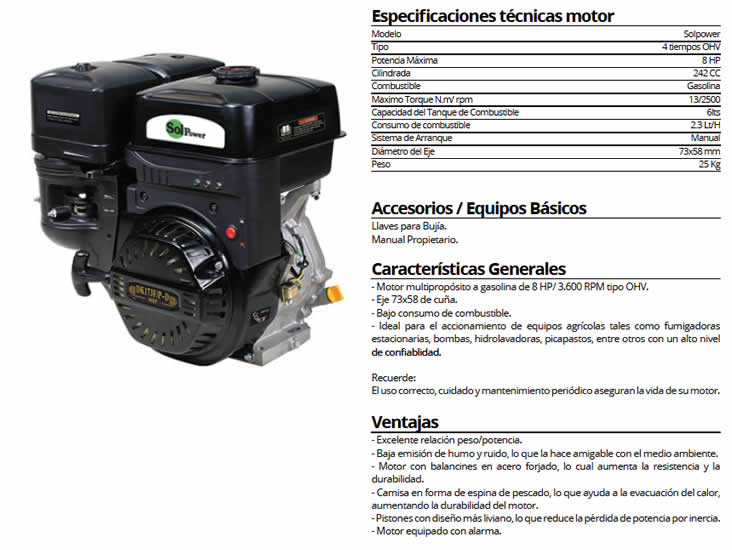 Motor Multiuso 8HP SPE173F Solpower